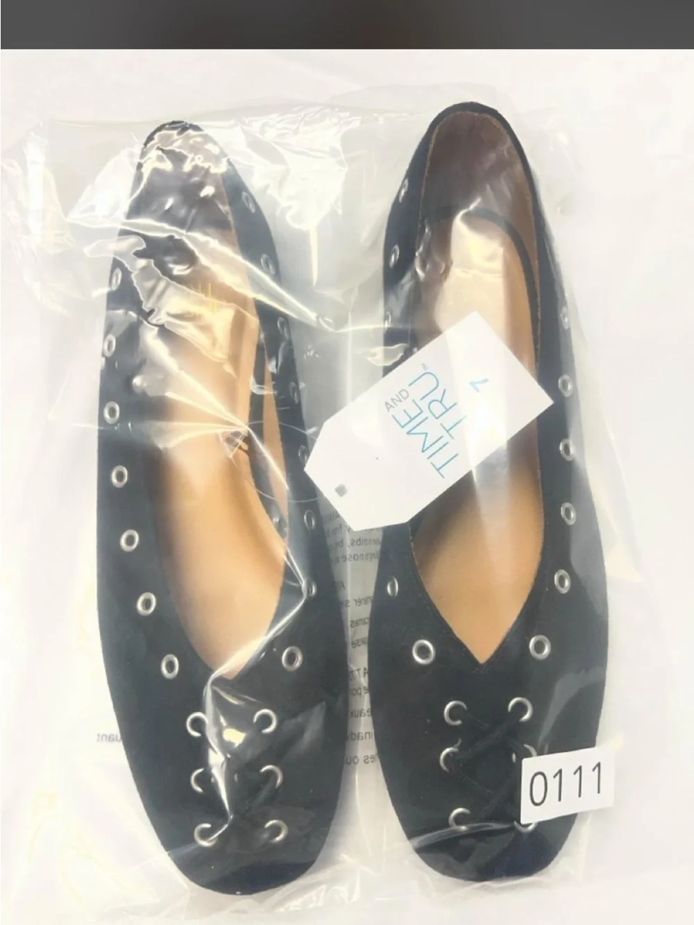 Time and Tru Black Eyelet Lace-Up Ballet Flats with Grommet Detail